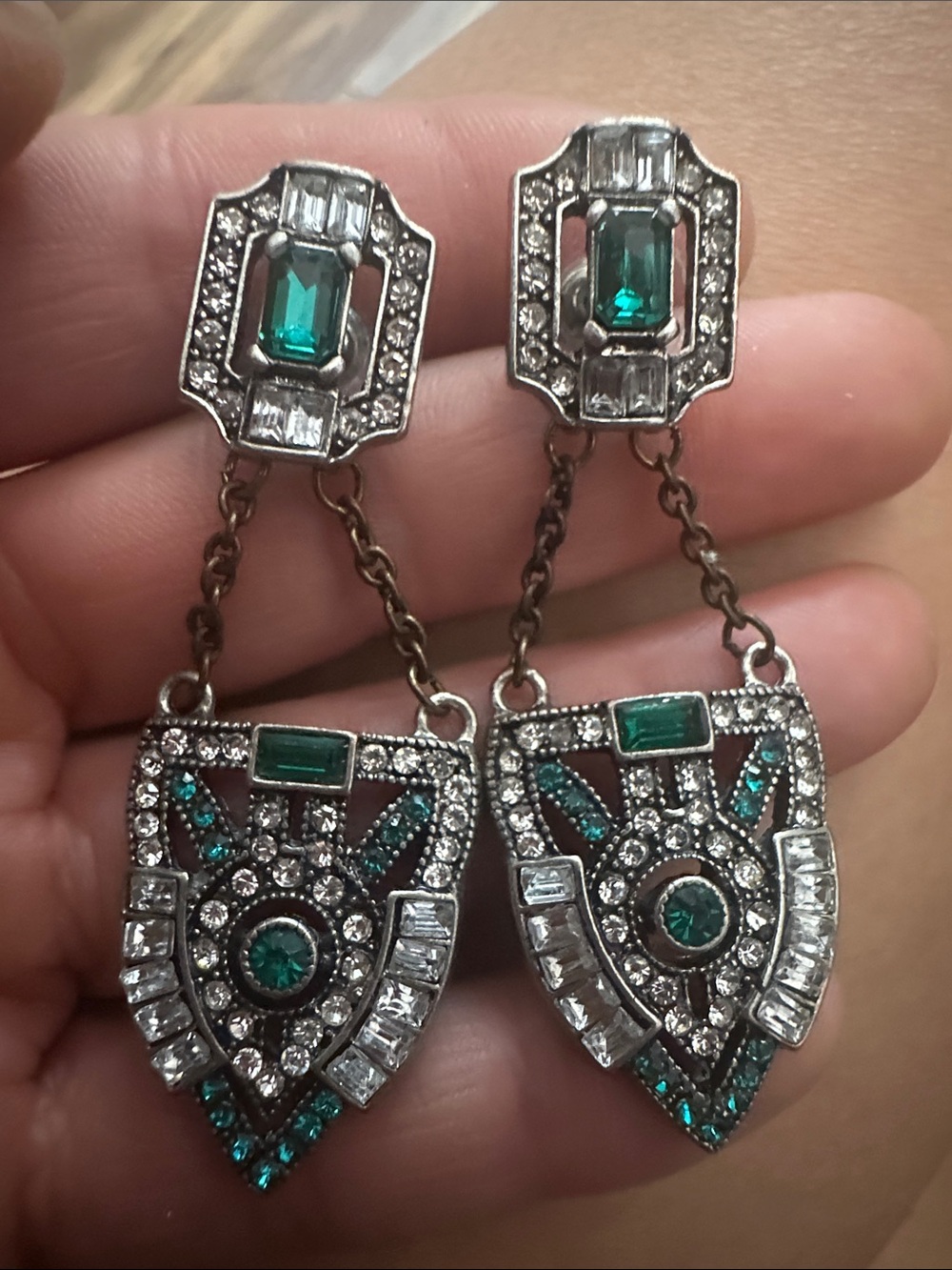 Green Crystal Art Deco Dangle Earrings
